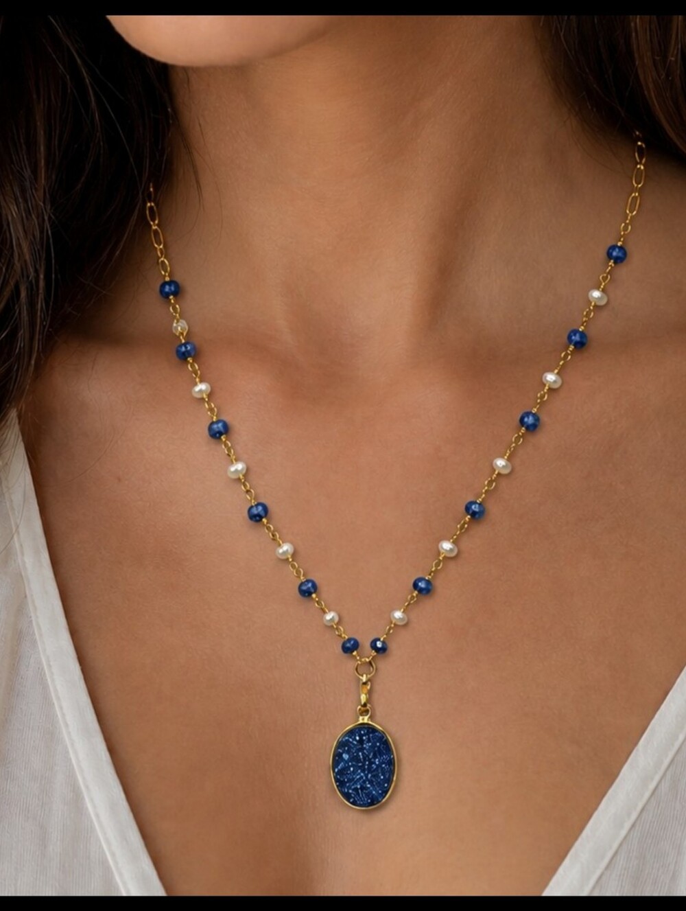 Lapis Lazuli Pearl Druzy Necklace 24K Gold Plated Blue Gemstone Pendant